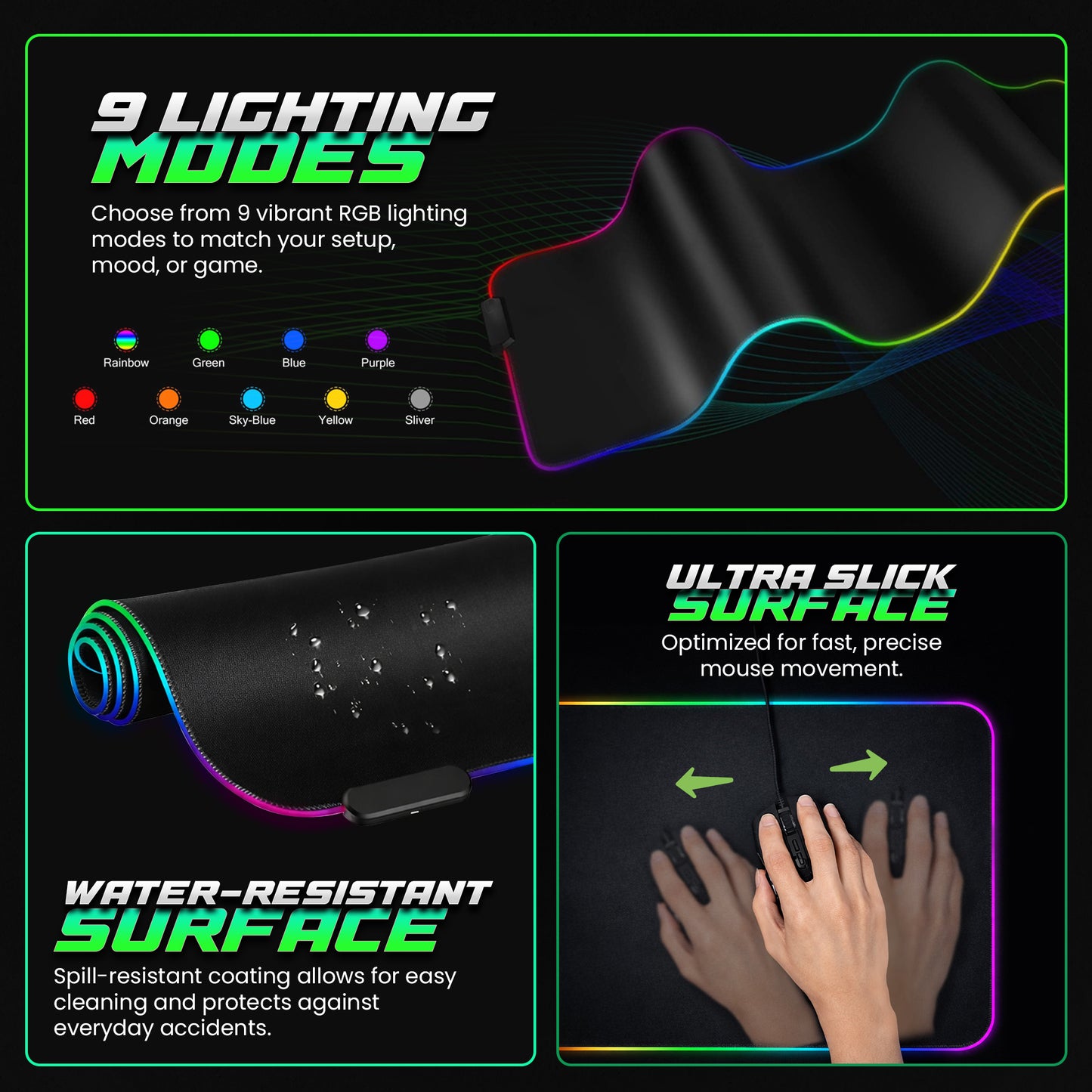 Lumen8 RGB LED Gaming Desk Mouse Pad, USB Powered, Micro-Textured Control Surface, 11.8" x 31.5"